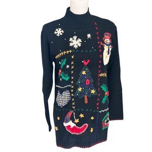 Vtg Victoria Jones Christmas Sweater Knitwear Womens Small Black Snowman
